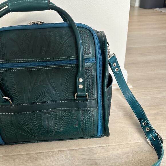 ROPIN WEST VANITY TRAVEL BAG CASE GENUINE HAND TOOLED LEATHER TURQUOISE GREEN - Picture 9 of 13